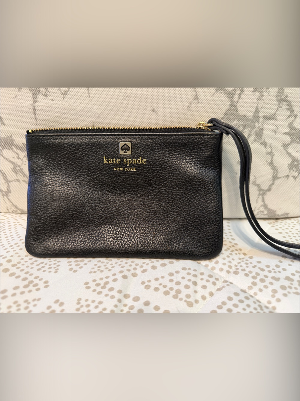 kate spade Black Pebbled Leather Wristlet with Gold Accents